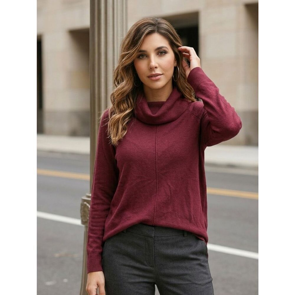 Nordstrom Caslon Cowl Turtleneck Tunic Sweater Burgundy Wool Pullover Winter M